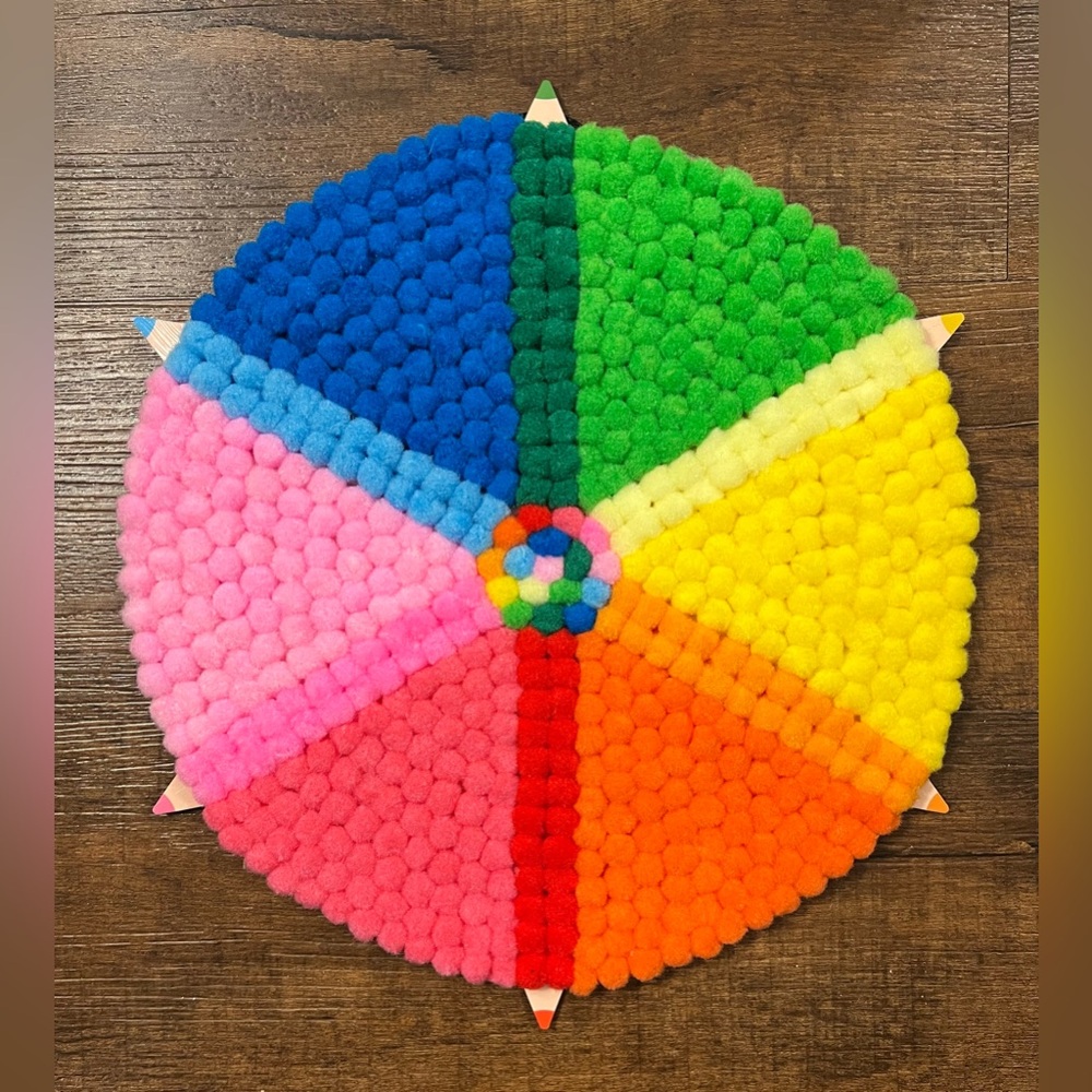 Hand Crafted Whimsical, Colorful Pom Pom/Colored Pencil Wall Decor